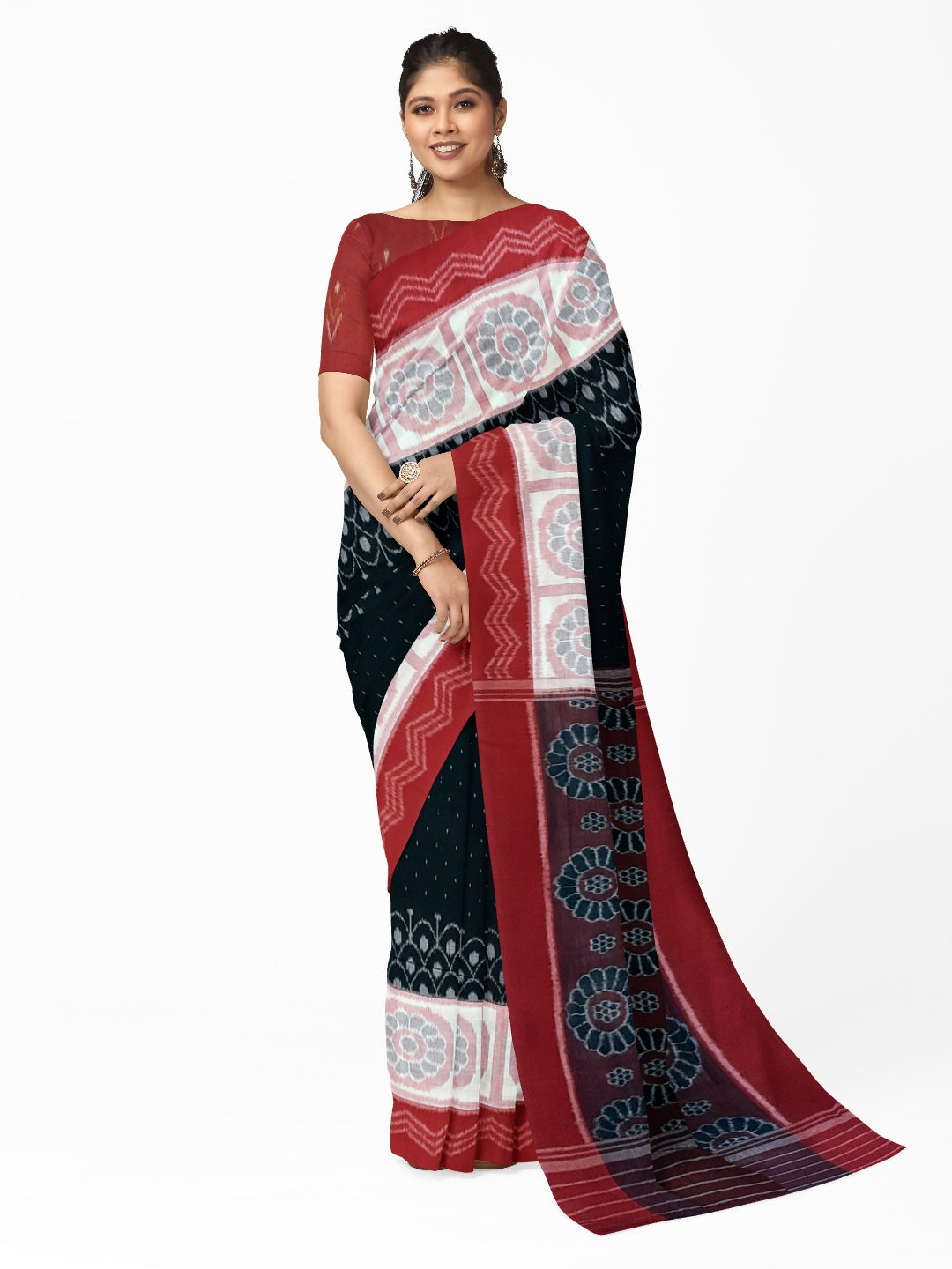 Black wide border Odisha Ikat saree with cotton ikat blouse piece