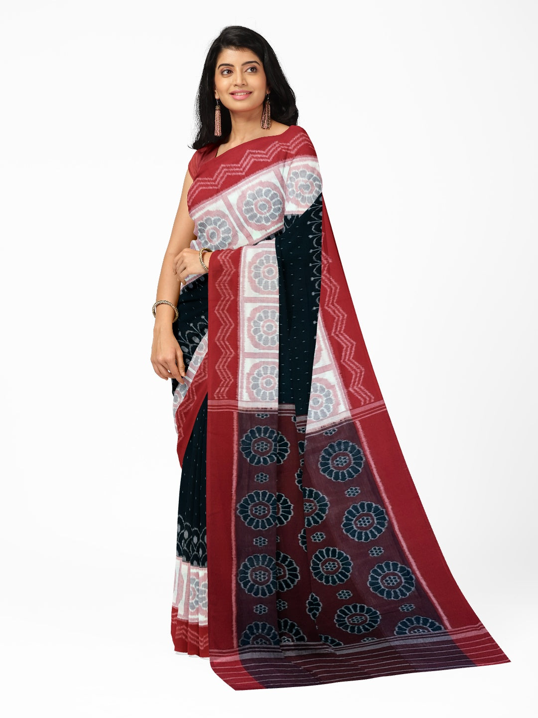 Black wide border Odisha Ikat saree with cotton ikat blouse piece