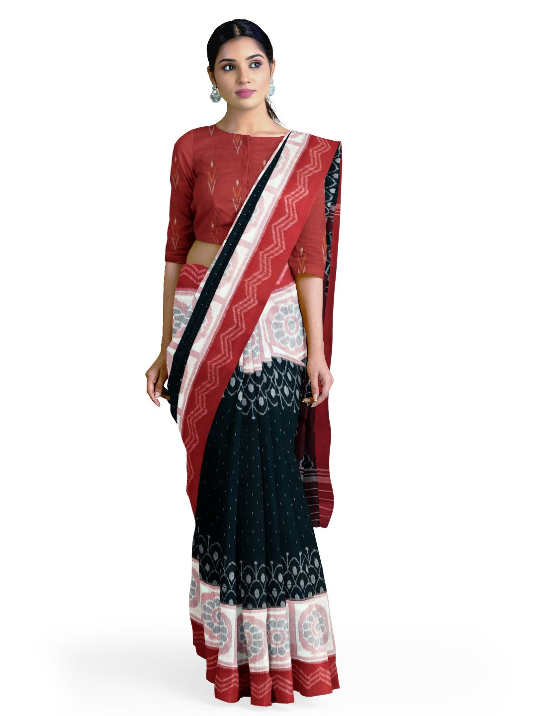 Black wide border Odisha Ikat saree with cotton ikat blouse piece