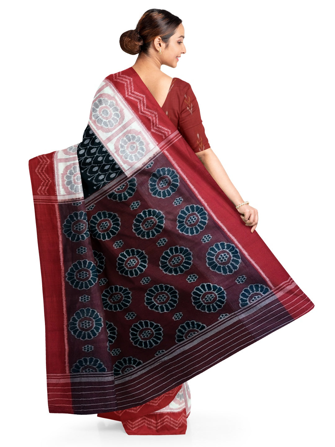 Black wide border Odisha Ikat saree with cotton ikat blouse piece