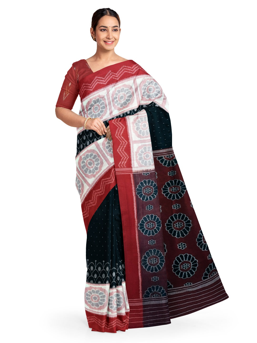 Black wide border Odisha Ikat saree with cotton ikat blouse piece