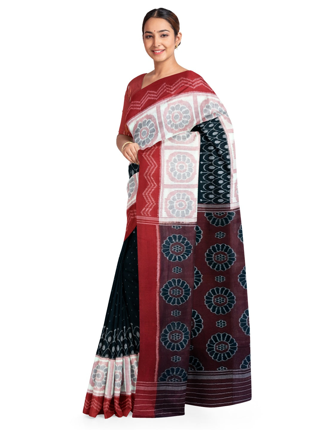 Black wide border Odisha Ikat saree with cotton ikat blouse piece
