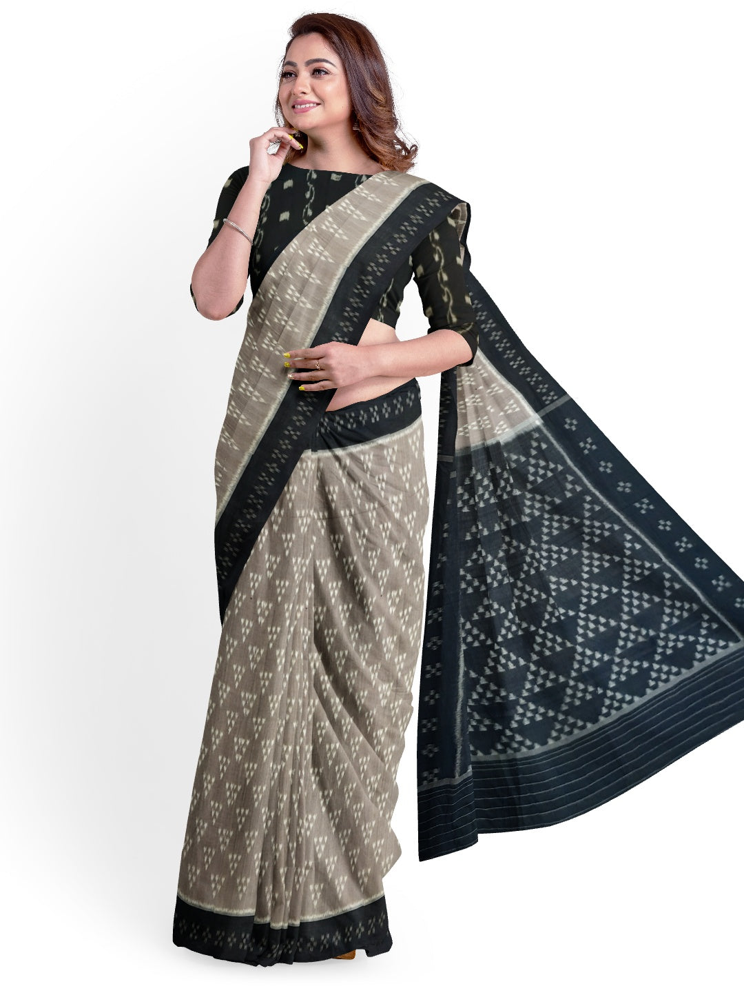Grey Odisha Ikat saree with cotton ikat blouse piece