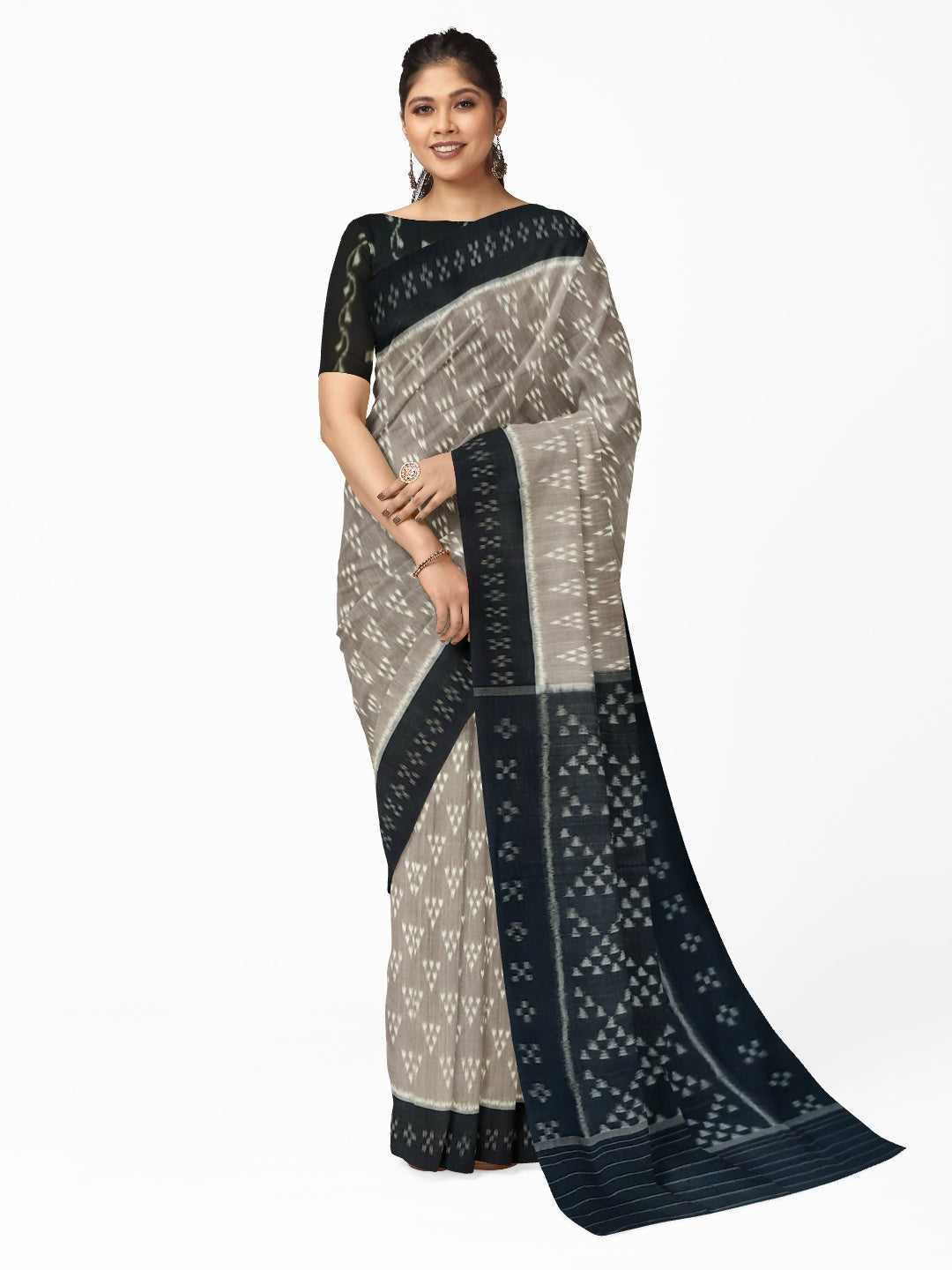 Grey Odisha Ikat saree with cotton ikat blouse piece