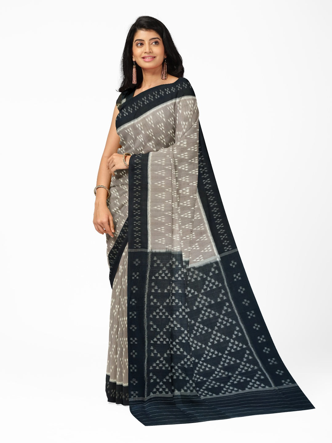 Grey Odisha Ikat saree with cotton ikat blouse piece