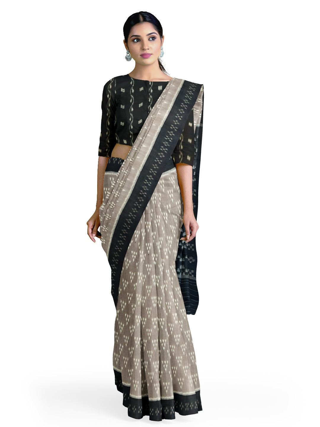 Grey Odisha Ikat saree with cotton ikat blouse piece