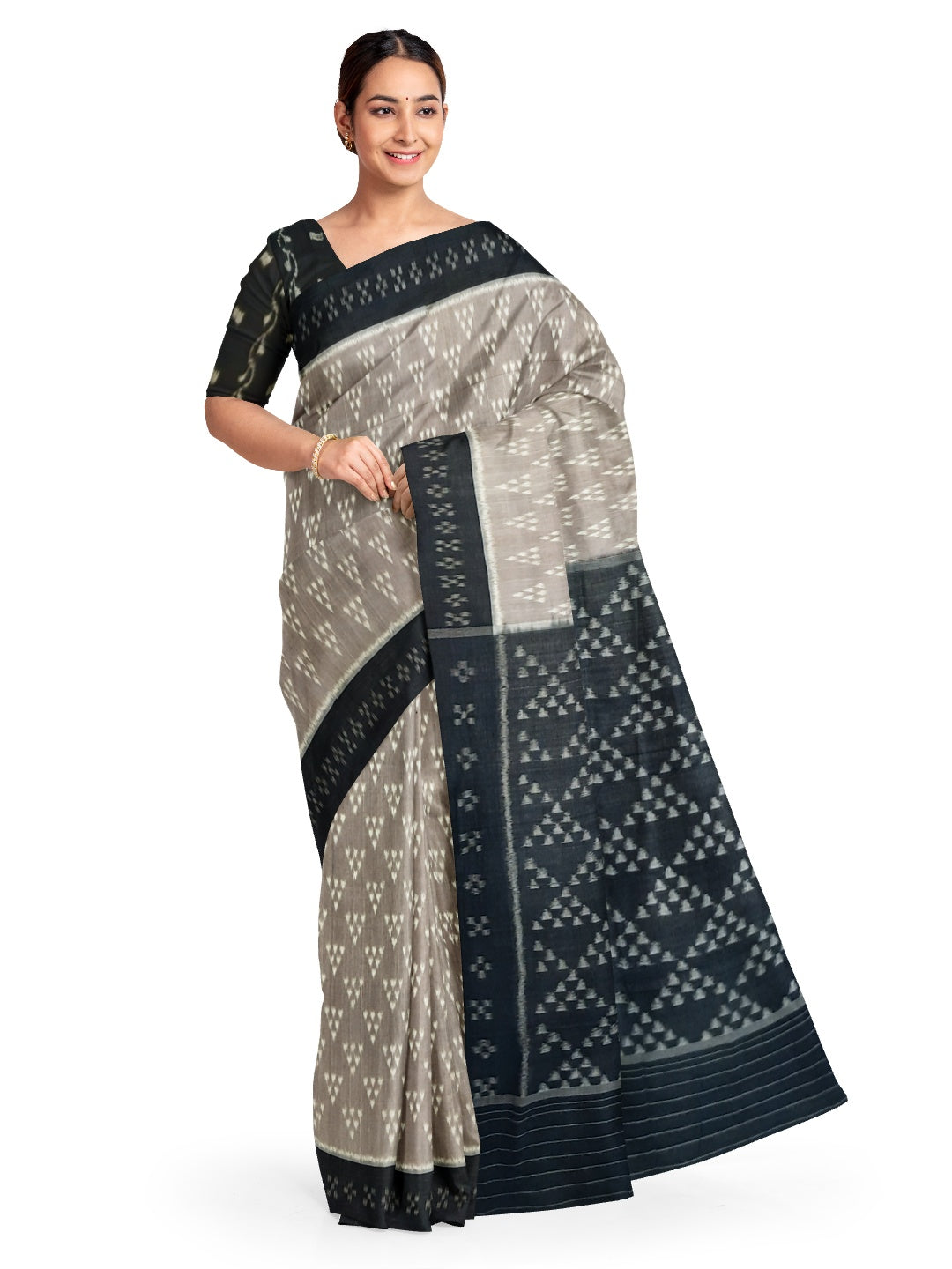 Grey Odisha Ikat saree with cotton ikat blouse piece