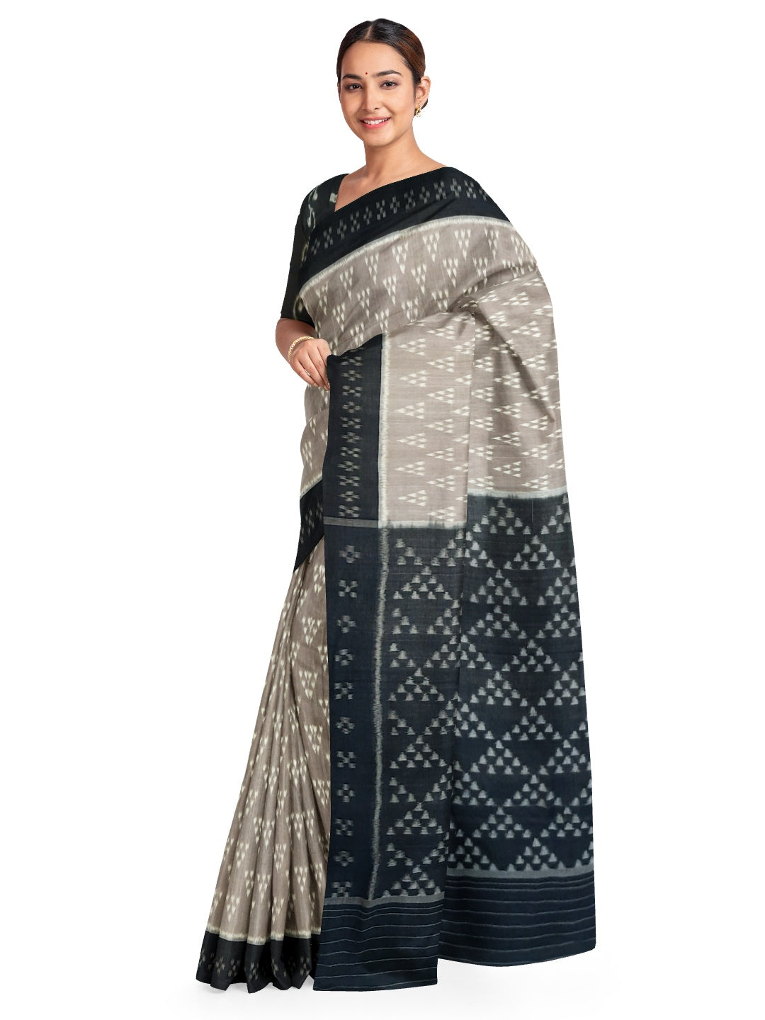 Grey Odisha Ikat saree with cotton ikat blouse piece