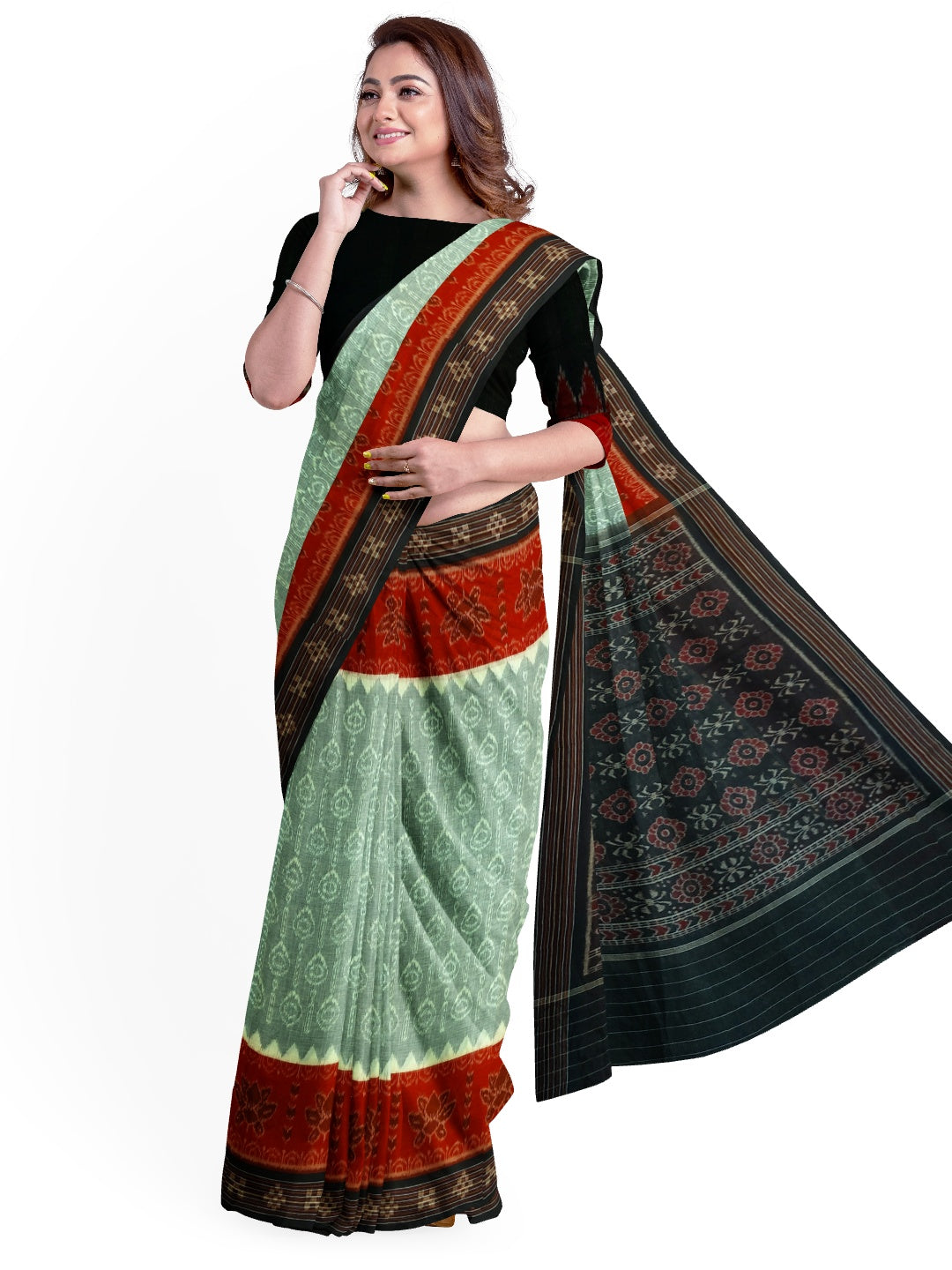 Green wide border Odisha Ikat saree with cotton ikat blouse piece