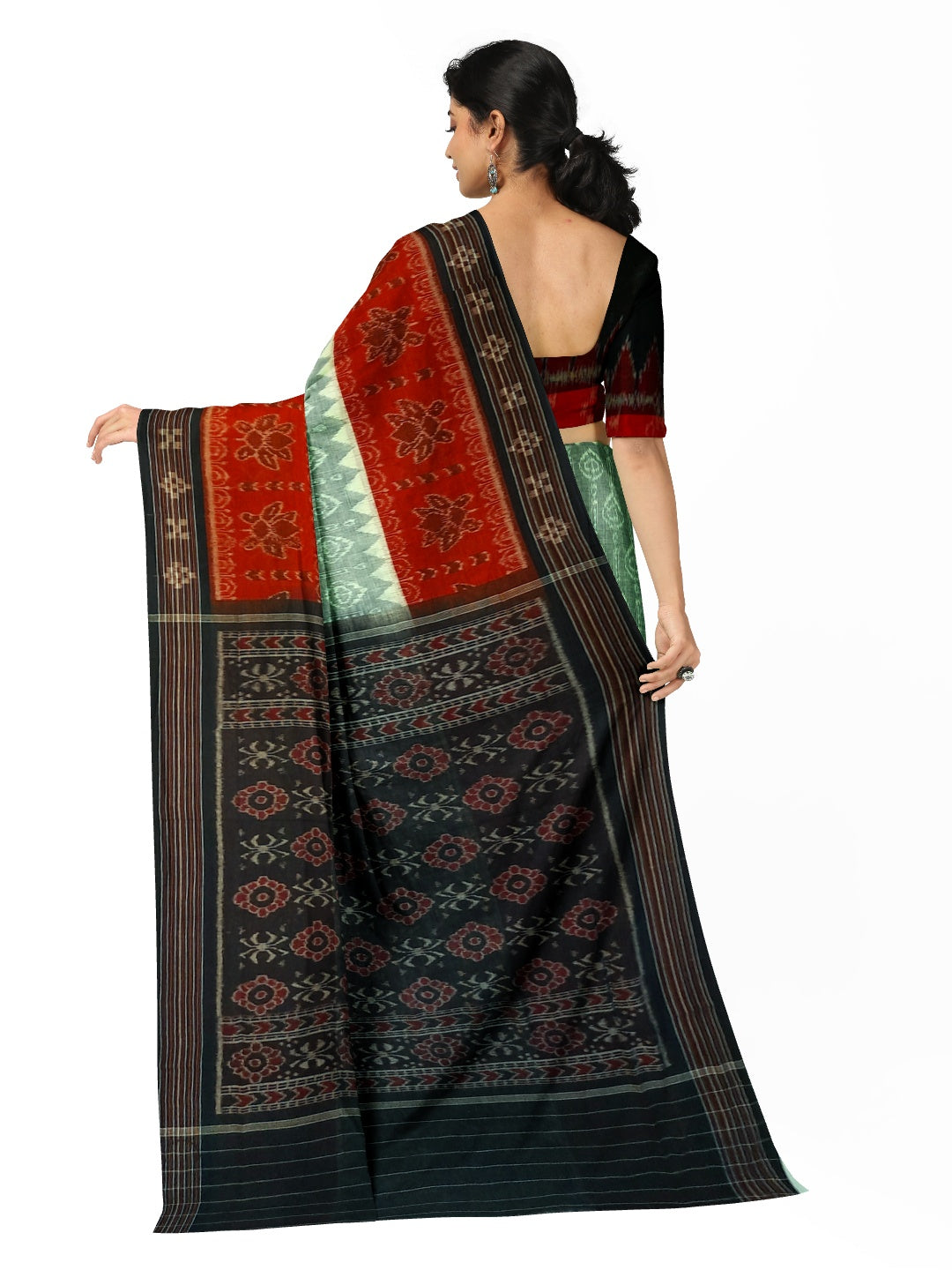 Green wide border Odisha Ikat saree with cotton ikat blouse piece