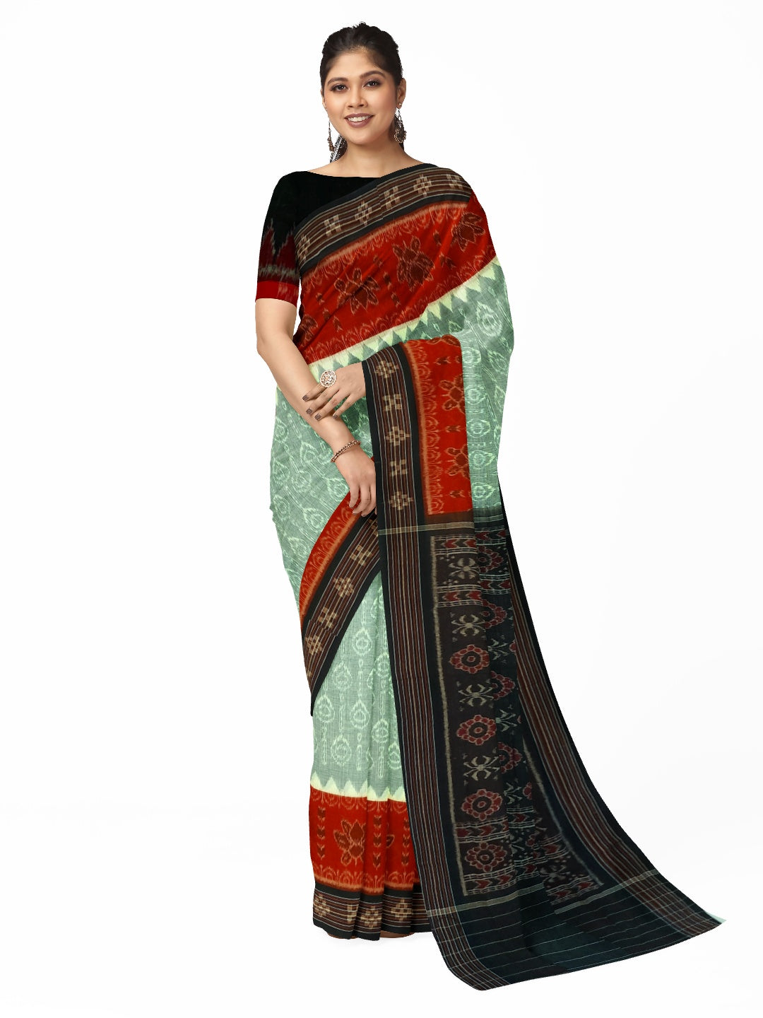 Green wide border Odisha Ikat saree with cotton ikat blouse piece