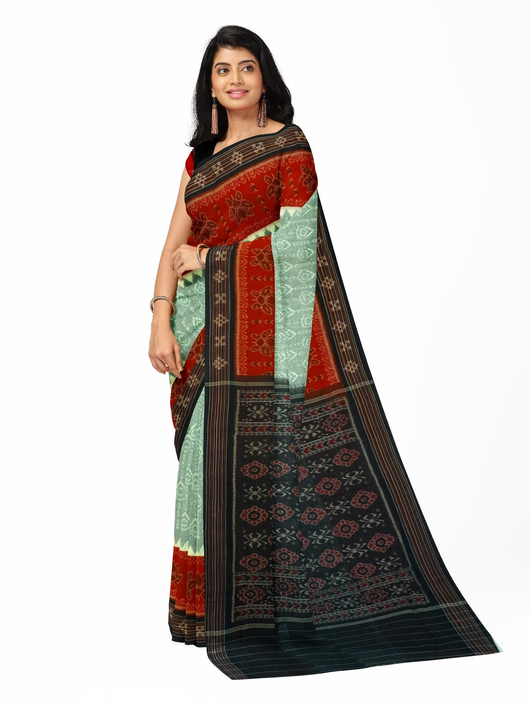 Green wide border Odisha Ikat saree with cotton ikat blouse piece