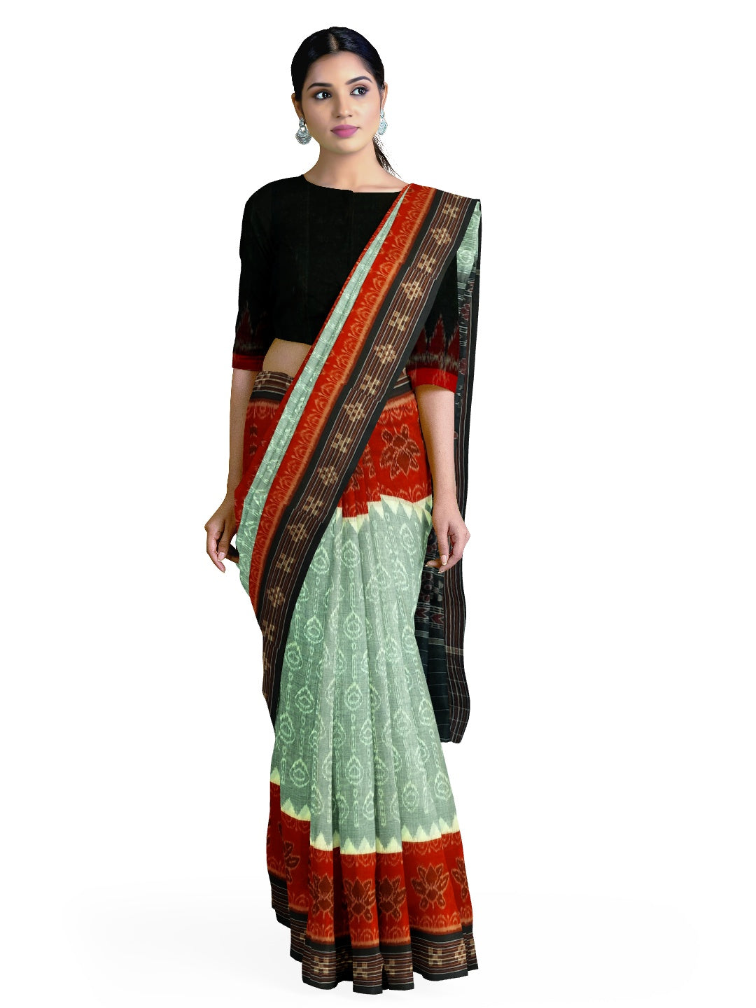 Green wide border Odisha Ikat saree with cotton ikat blouse piece