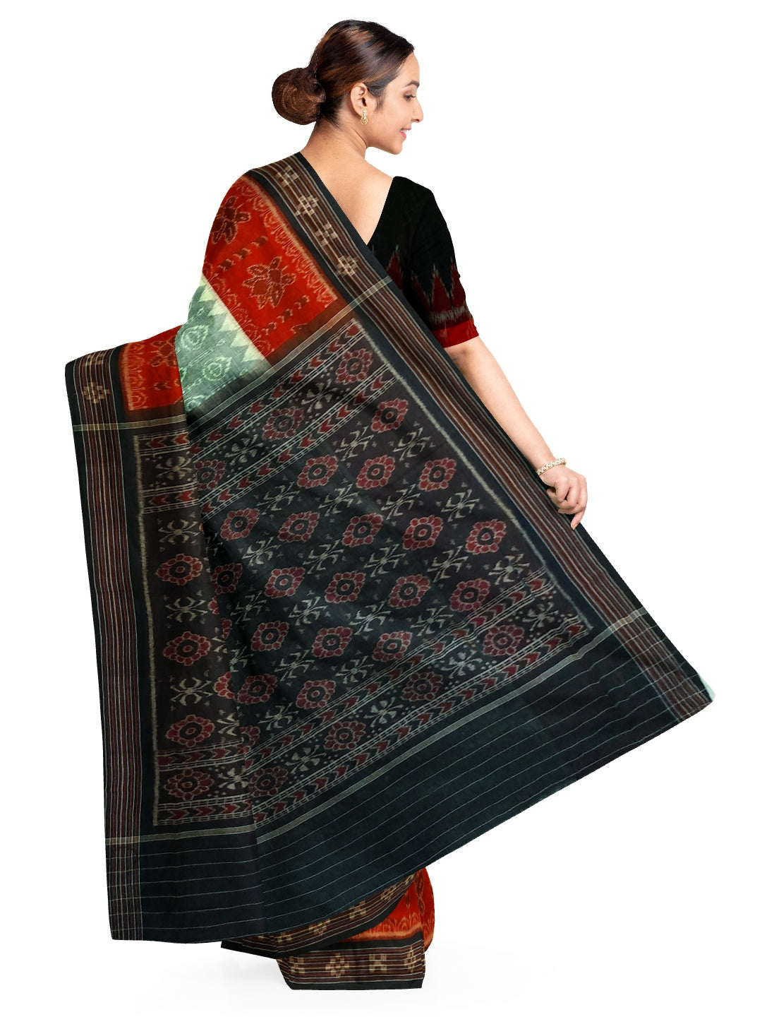 Green wide border Odisha Ikat saree with cotton ikat blouse piece