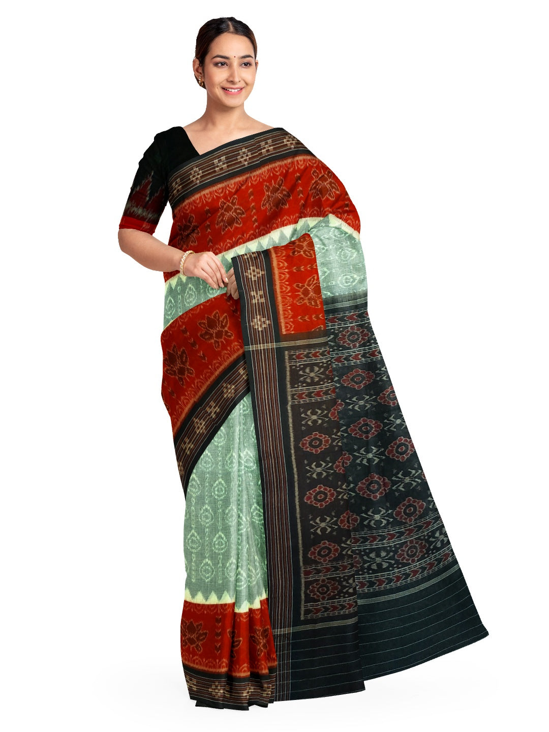 Green wide border Odisha Ikat saree with cotton ikat blouse piece