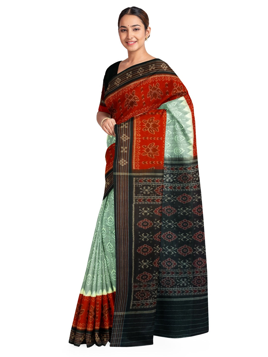 Green wide border Odisha Ikat saree with cotton ikat blouse piece