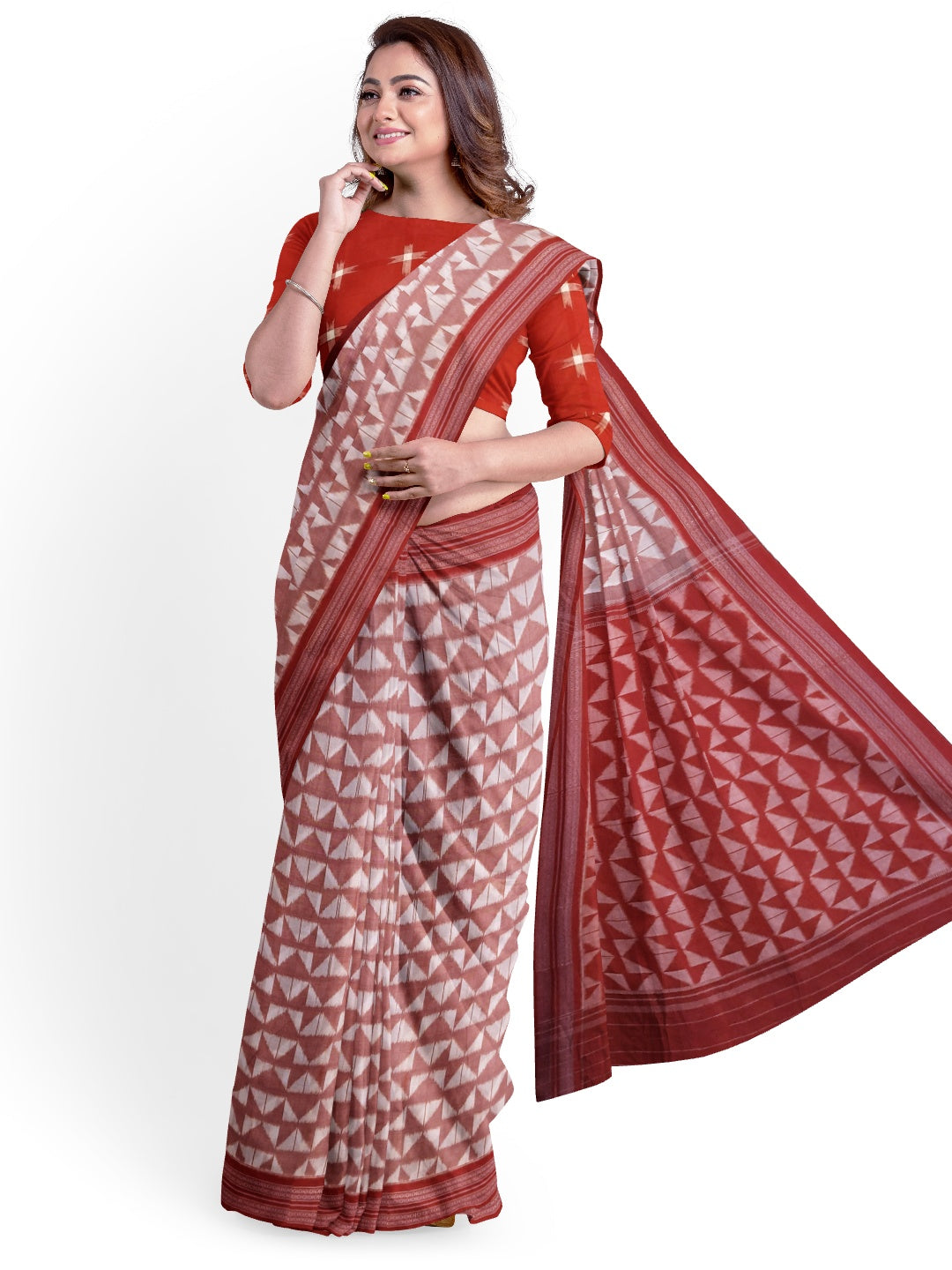 White Red Odisha Ikat saree with cotton ikat blouse piece