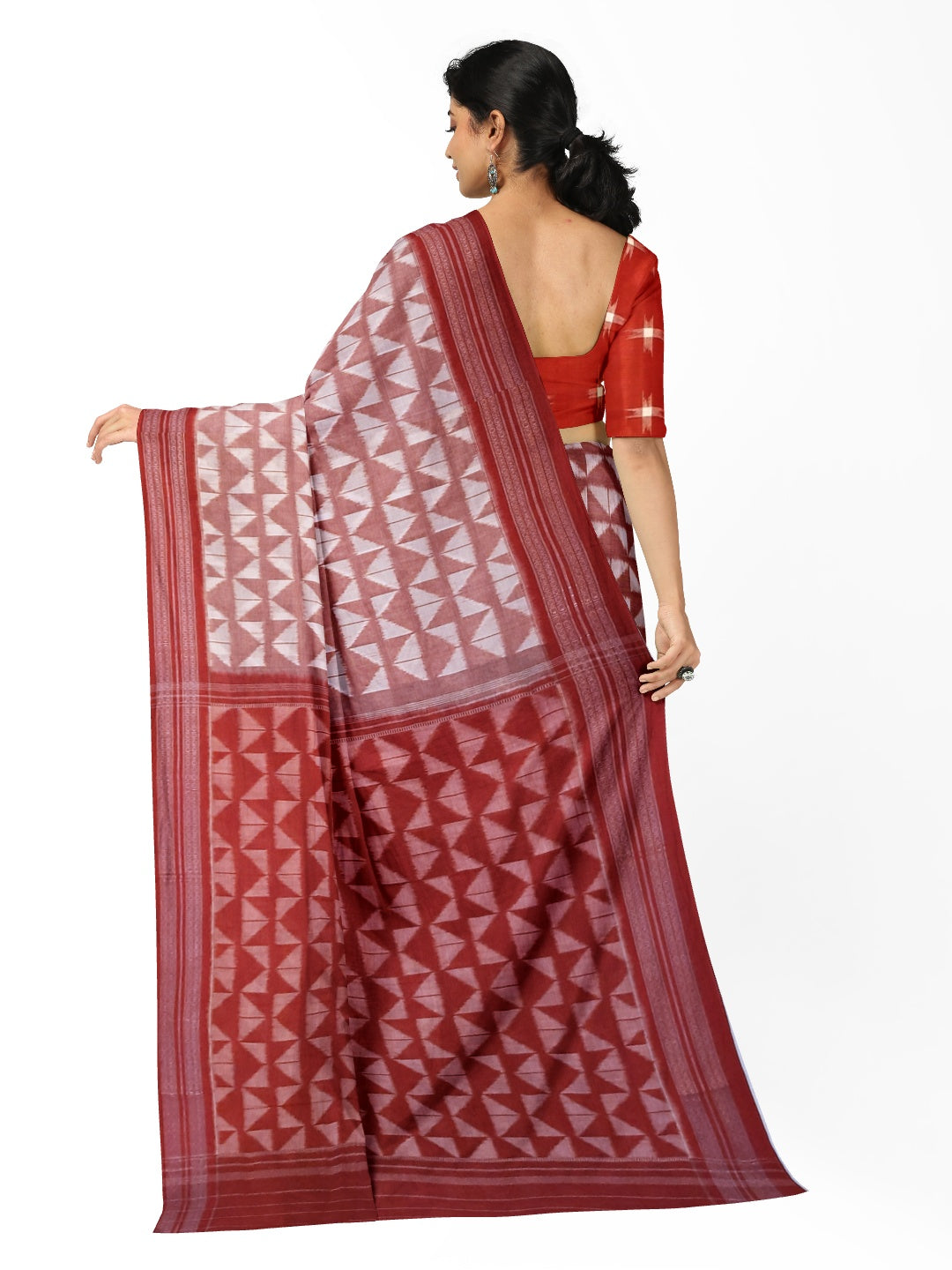 White Red Odisha Ikat saree with cotton ikat blouse piece
