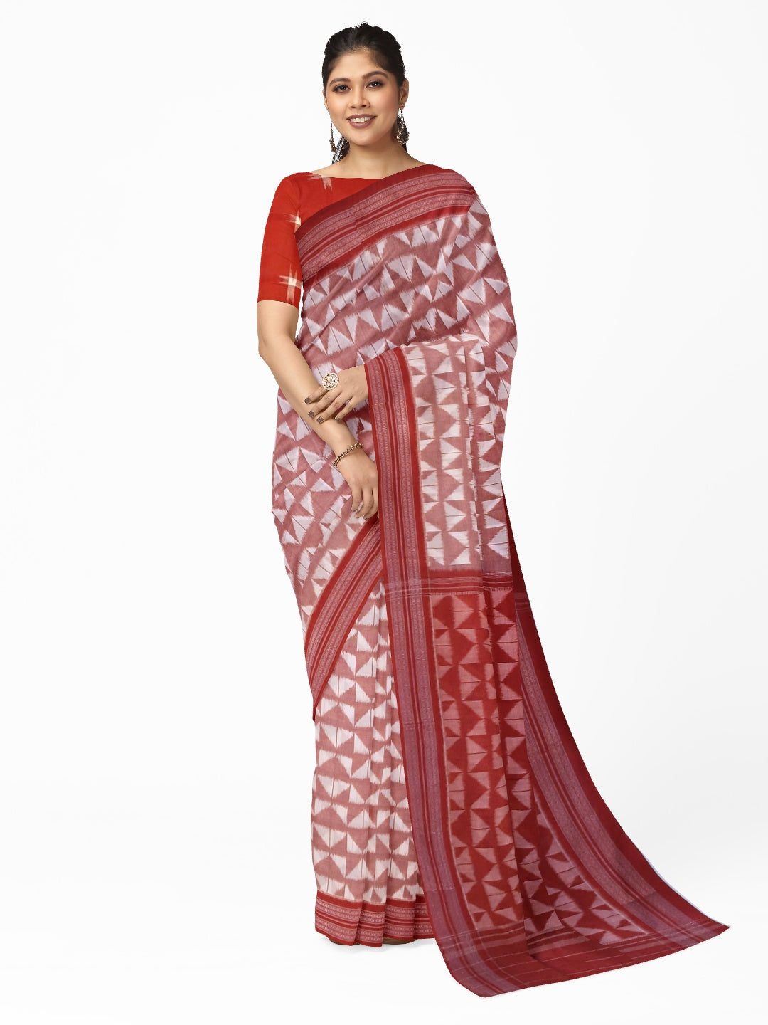 White Red Odisha Ikat saree with cotton ikat blouse piece