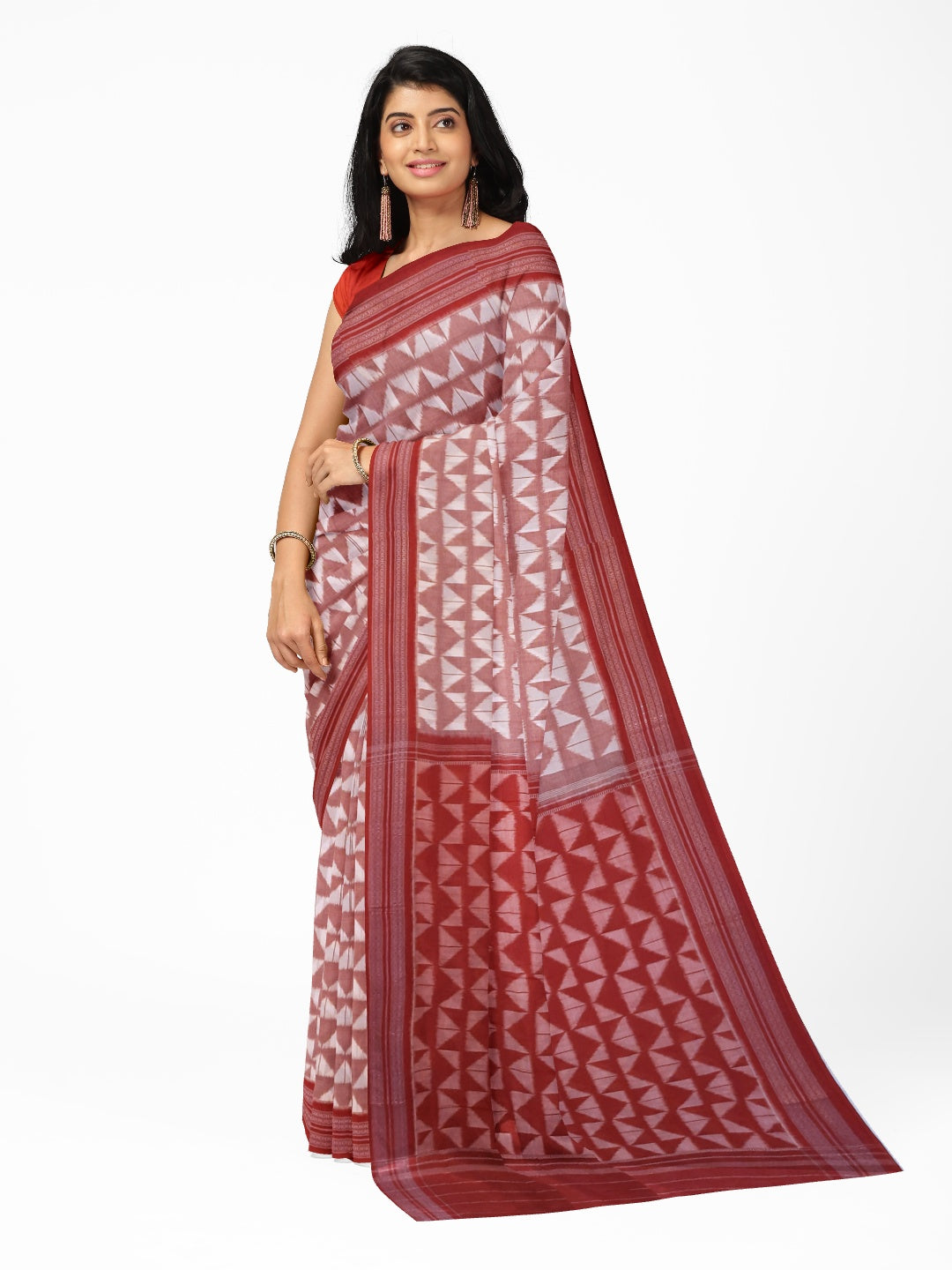 White Red Odisha Ikat saree with cotton ikat blouse piece
