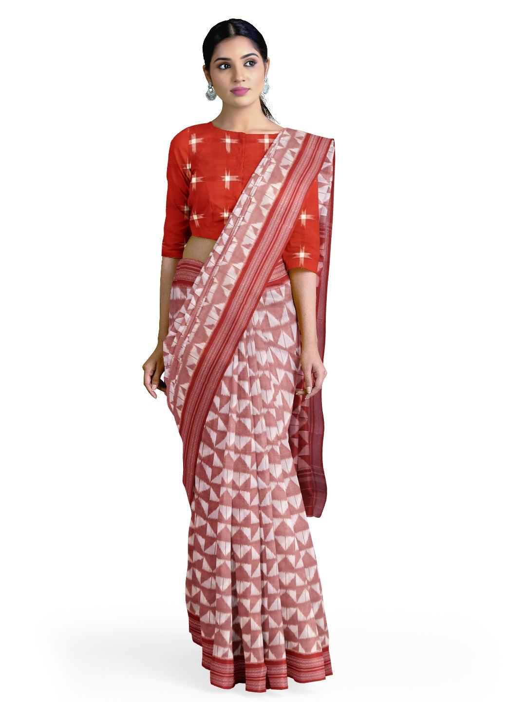 White Red Odisha Ikat saree with cotton ikat blouse piece