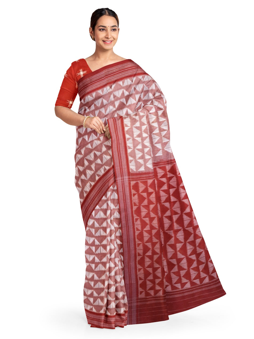 White Red Odisha Ikat saree with cotton ikat blouse piece