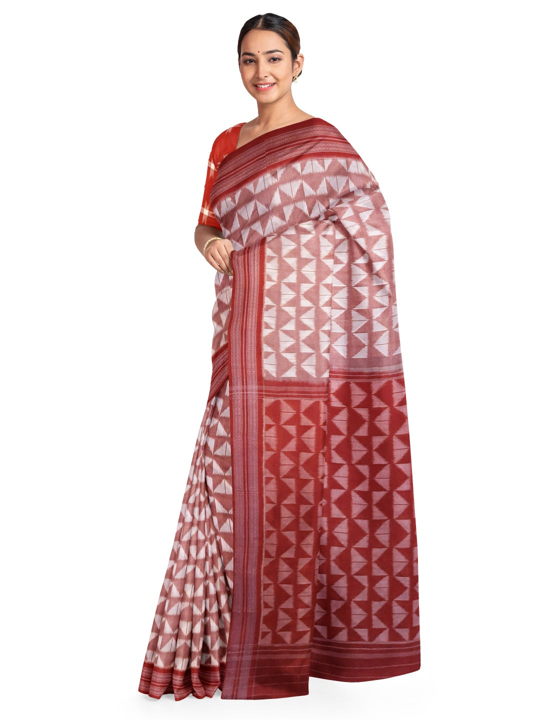 White Red Odisha Ikat saree with cotton ikat blouse piece