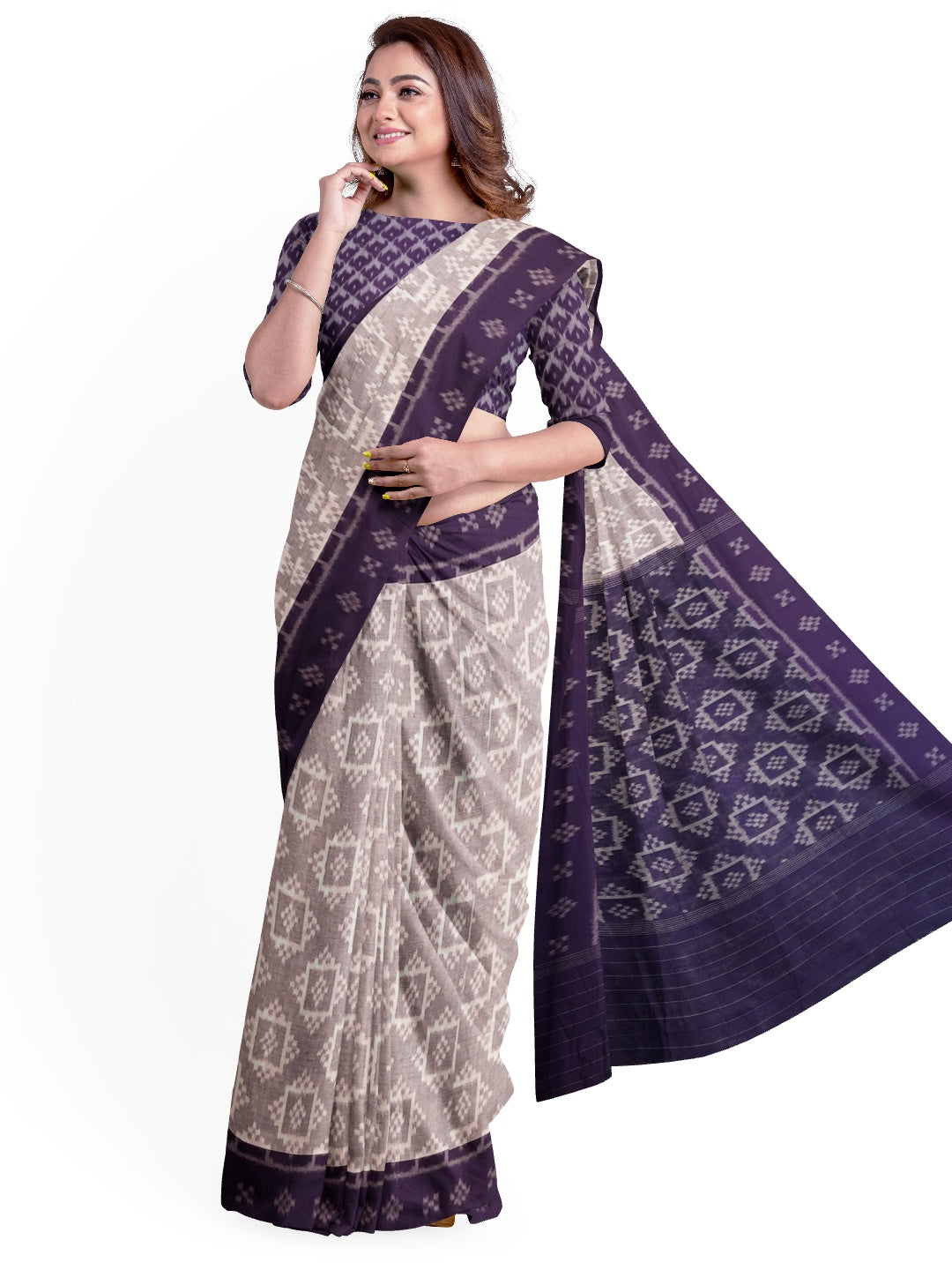 Offwhite with Purple Odisha Ikat saree with cotton ikat blouse piece
