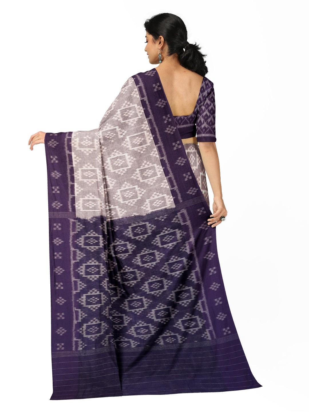 Offwhite with Purple Odisha Ikat saree with cotton ikat blouse piece