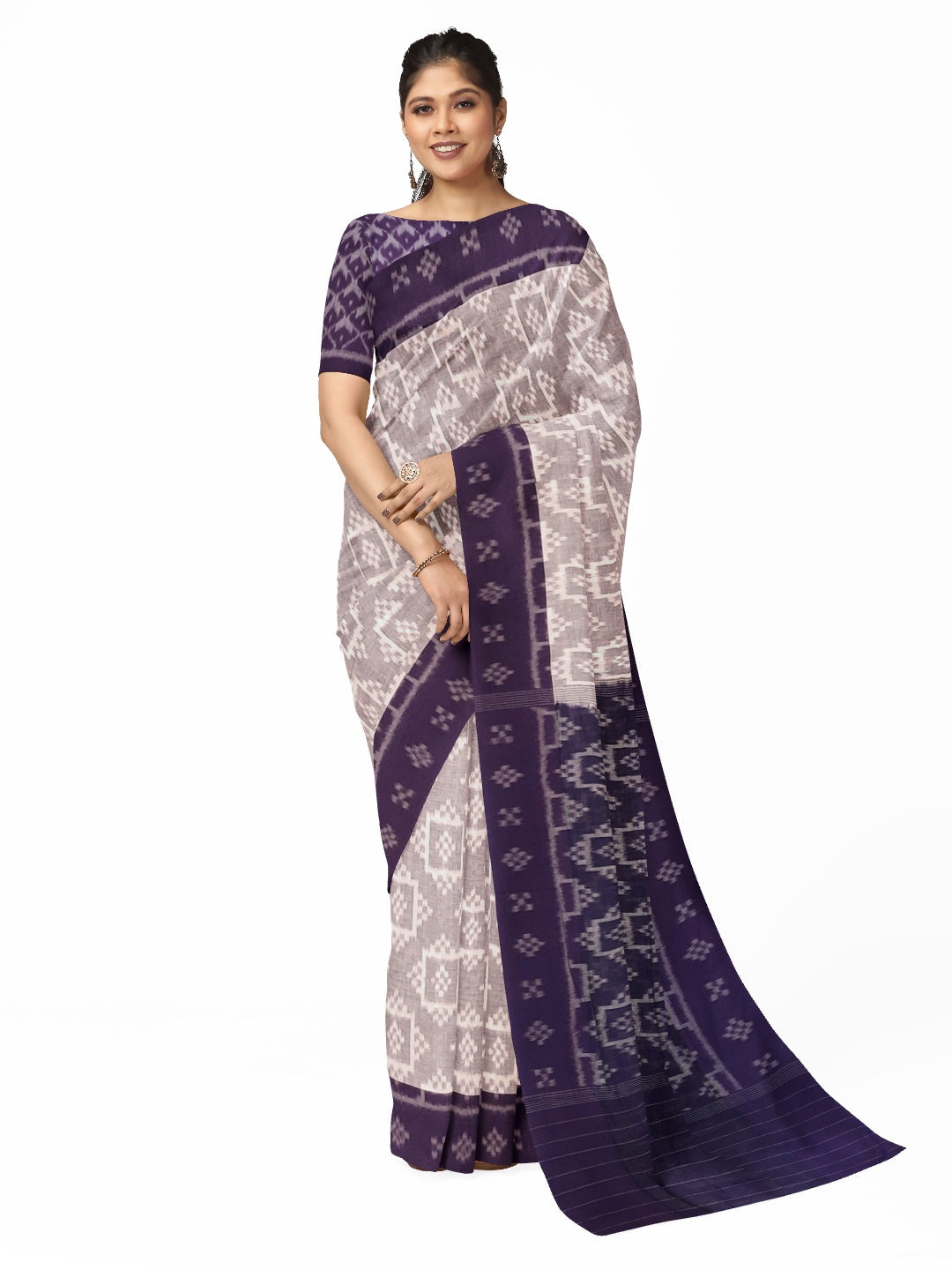 Offwhite with Purple Odisha Ikat saree with cotton ikat blouse piece