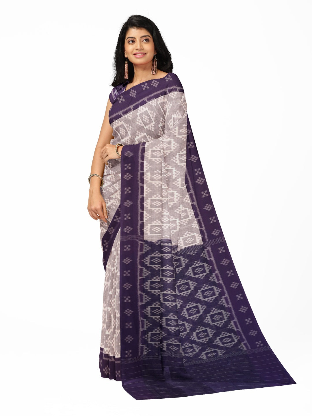Offwhite with Purple Odisha Ikat saree with cotton ikat blouse piece