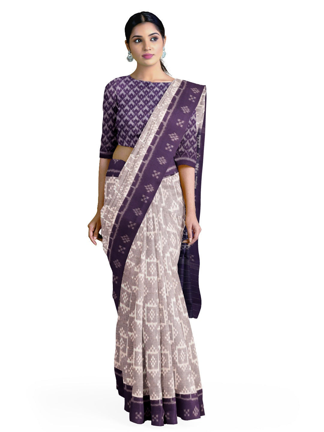 Offwhite with Purple Odisha Ikat saree with cotton ikat blouse piece