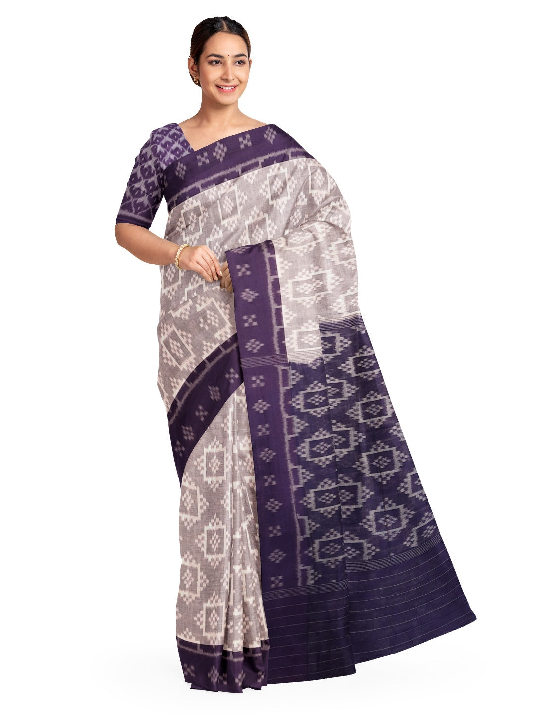 Offwhite with Purple Odisha Ikat saree with cotton ikat blouse piece
