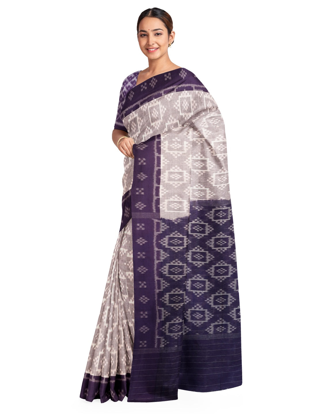 Offwhite with Purple Odisha Ikat saree with cotton ikat blouse piece