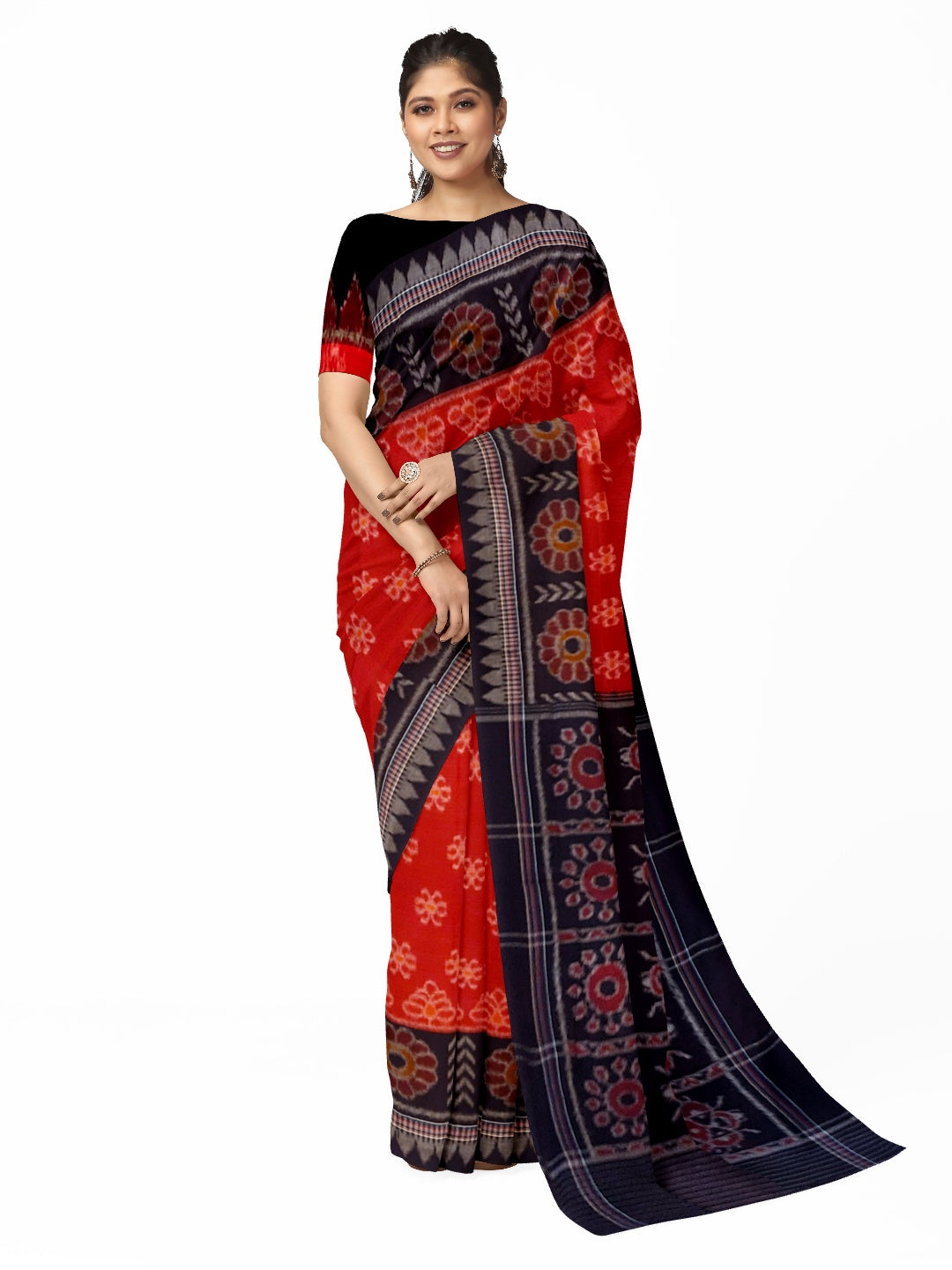 Red Odisha Ikat saree with cotton ikat blouse piece