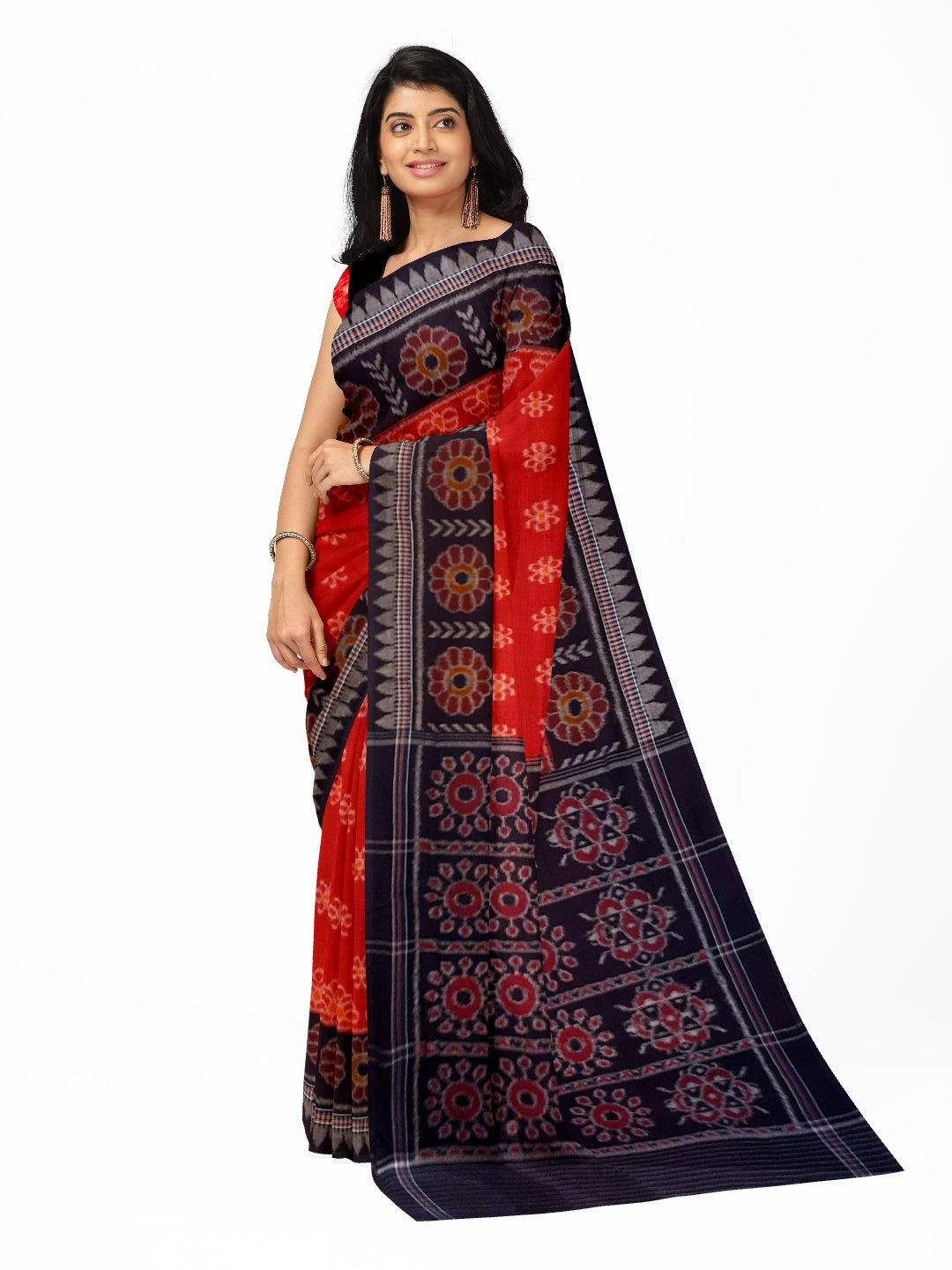 Red Odisha Ikat saree with cotton ikat blouse piece