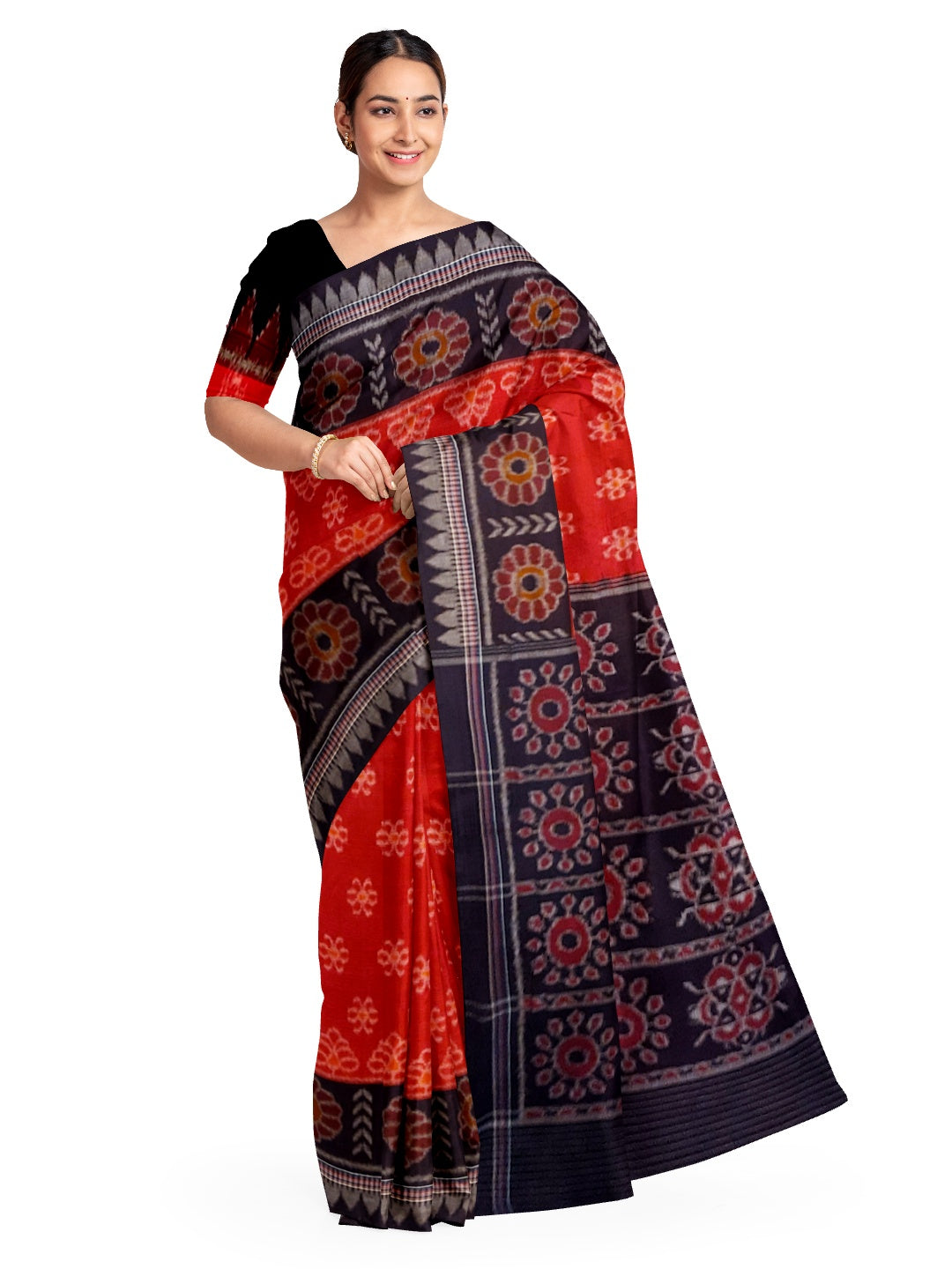 Red Odisha Ikat saree with cotton ikat blouse piece