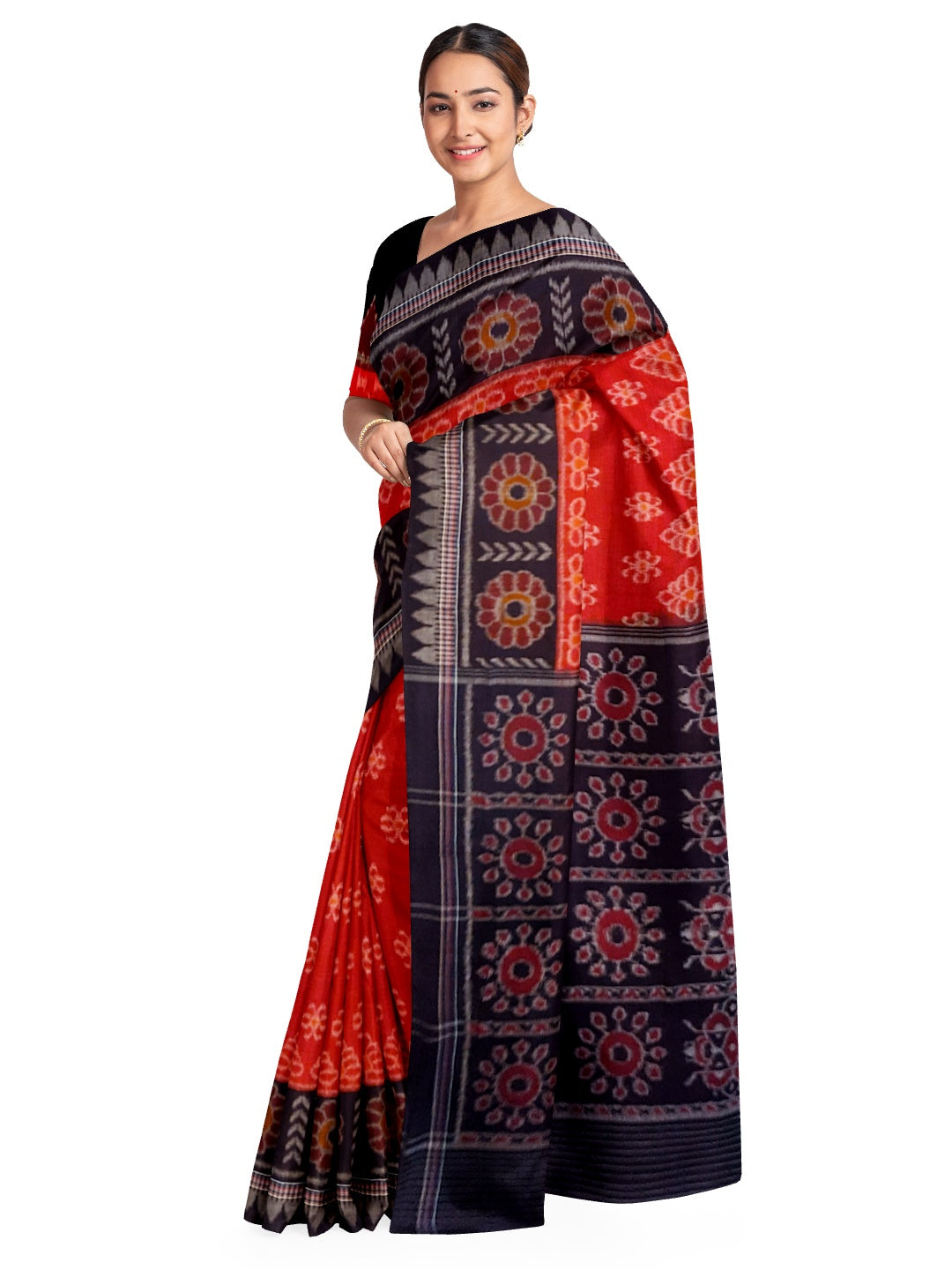 Red Odisha Ikat saree with cotton ikat blouse piece