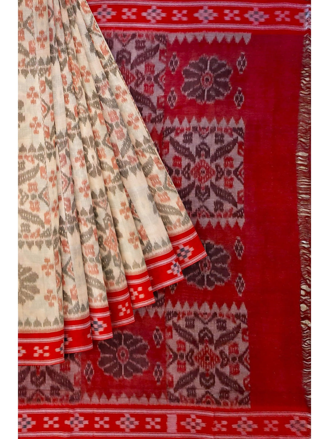 Beige and Red coloured Odisha Ikat saree  with cotton ikat blouse piece