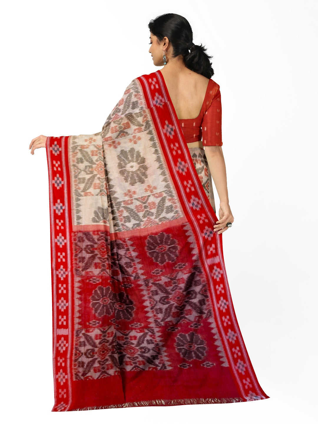 Beige and Red coloured Odisha Ikat saree  with cotton ikat blouse piece