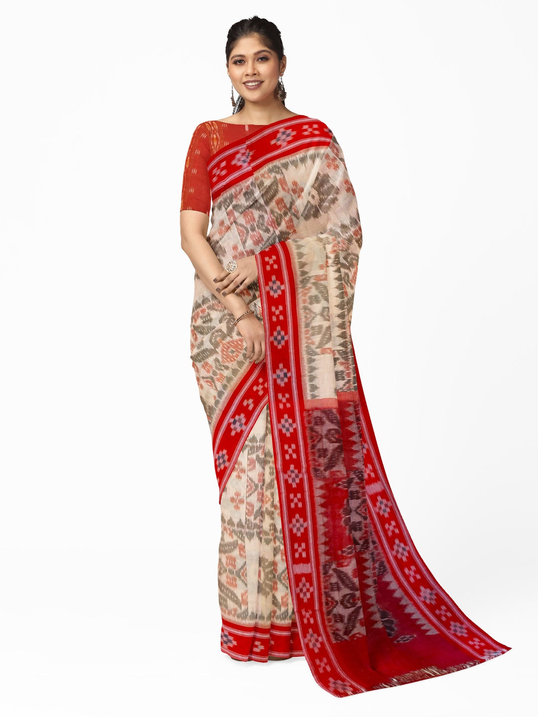 Beige and Red coloured Odisha Ikat saree  with cotton ikat blouse piece