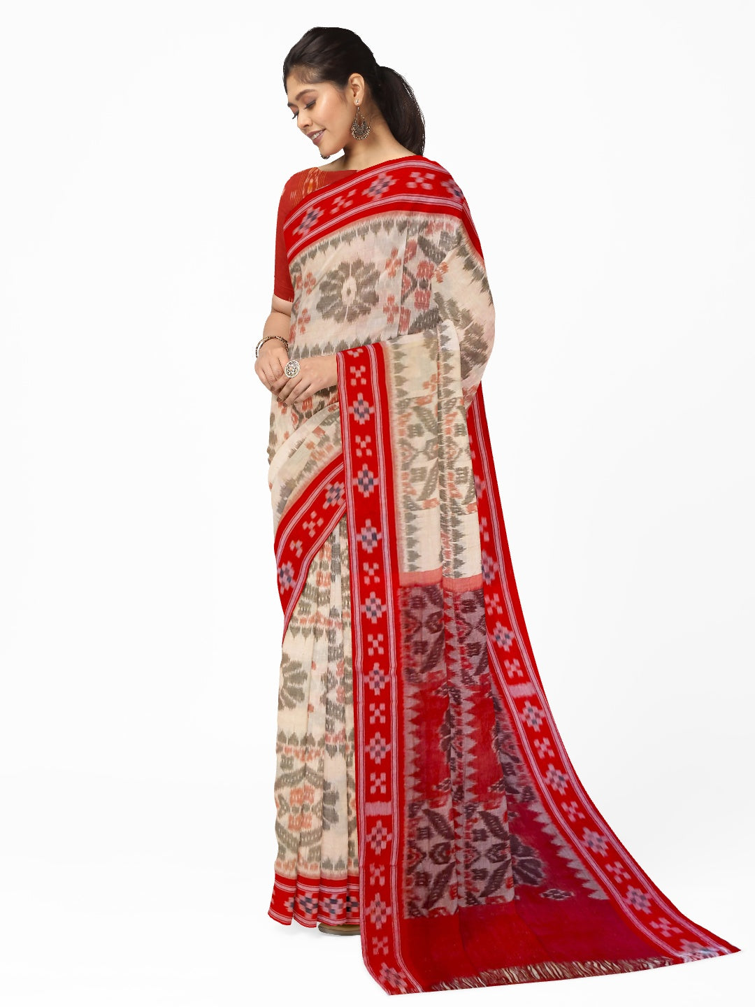 Beige and Red coloured Odisha Ikat saree  with cotton ikat blouse piece
