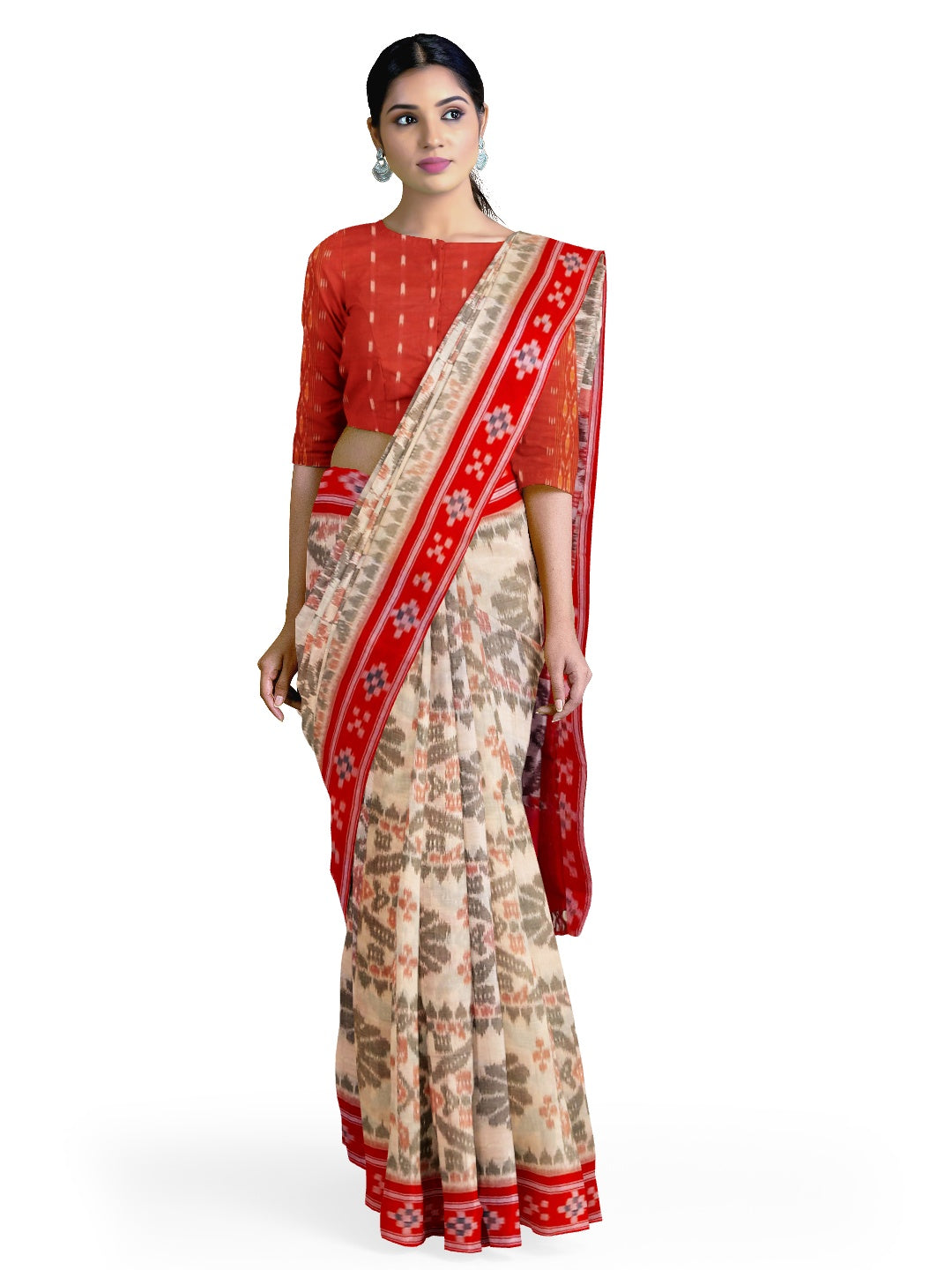 Beige and Red coloured Odisha Ikat saree  with cotton ikat blouse piece
