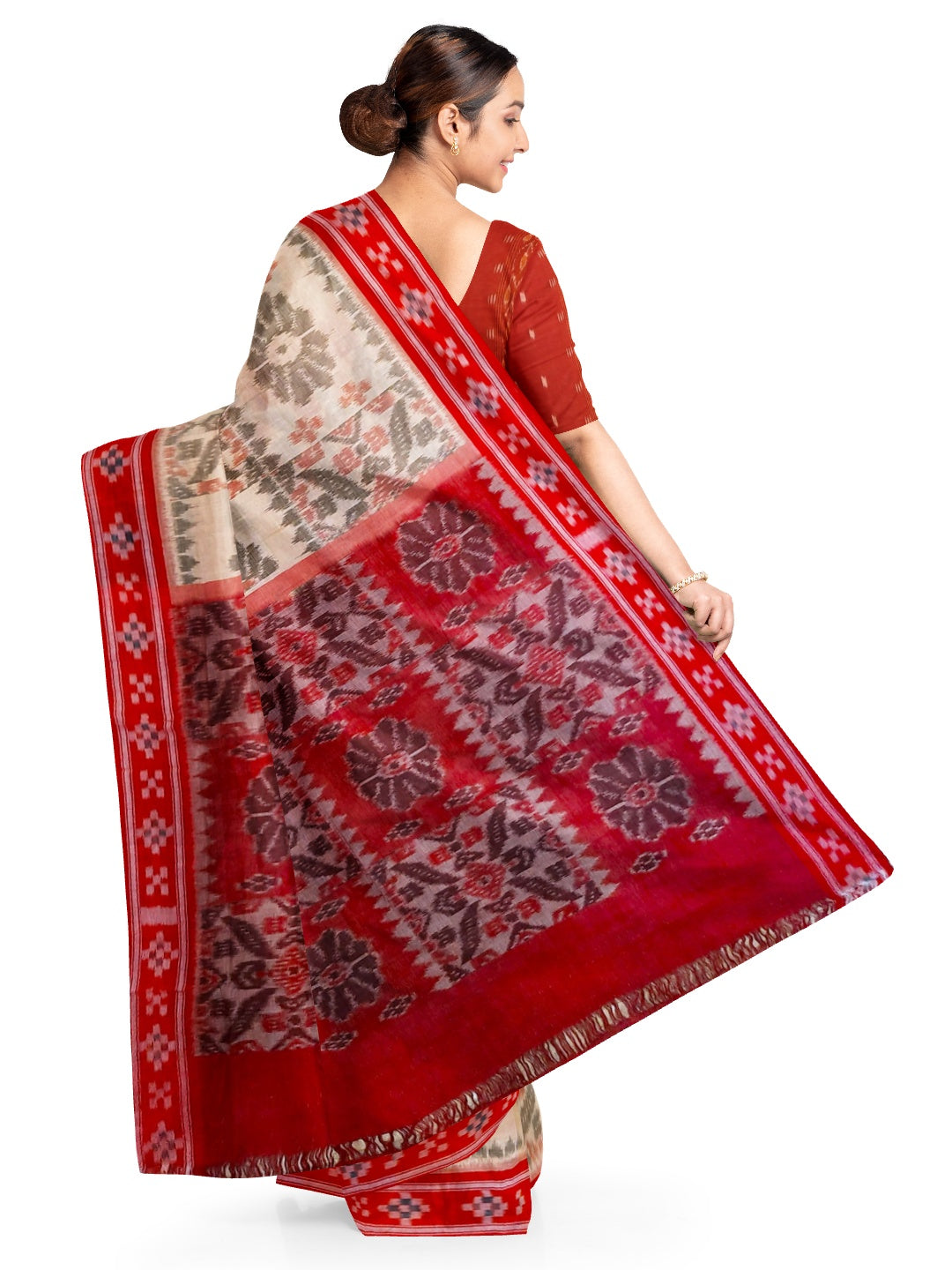 Beige and Red coloured Odisha Ikat saree  with cotton ikat blouse piece