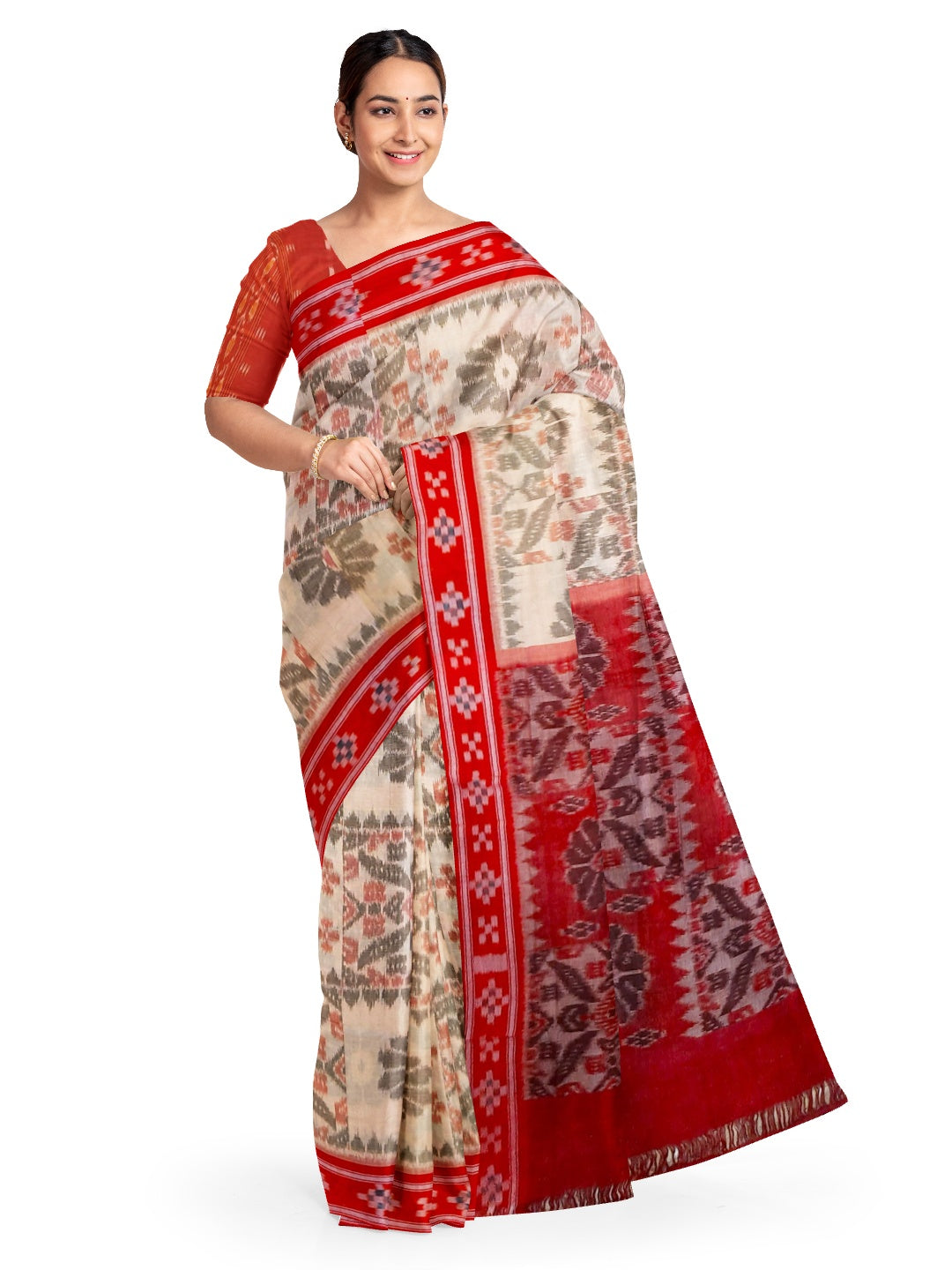 Beige and Red coloured Odisha Ikat saree  with cotton ikat blouse piece