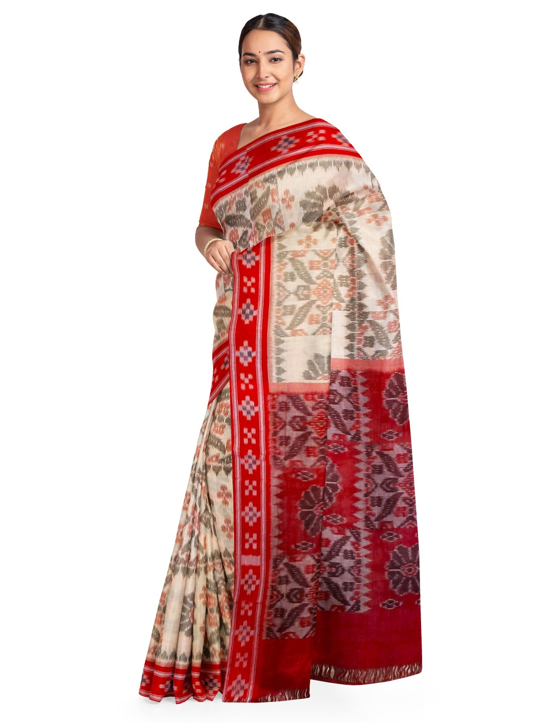 Beige and Red coloured Odisha Ikat saree  with cotton ikat blouse piece