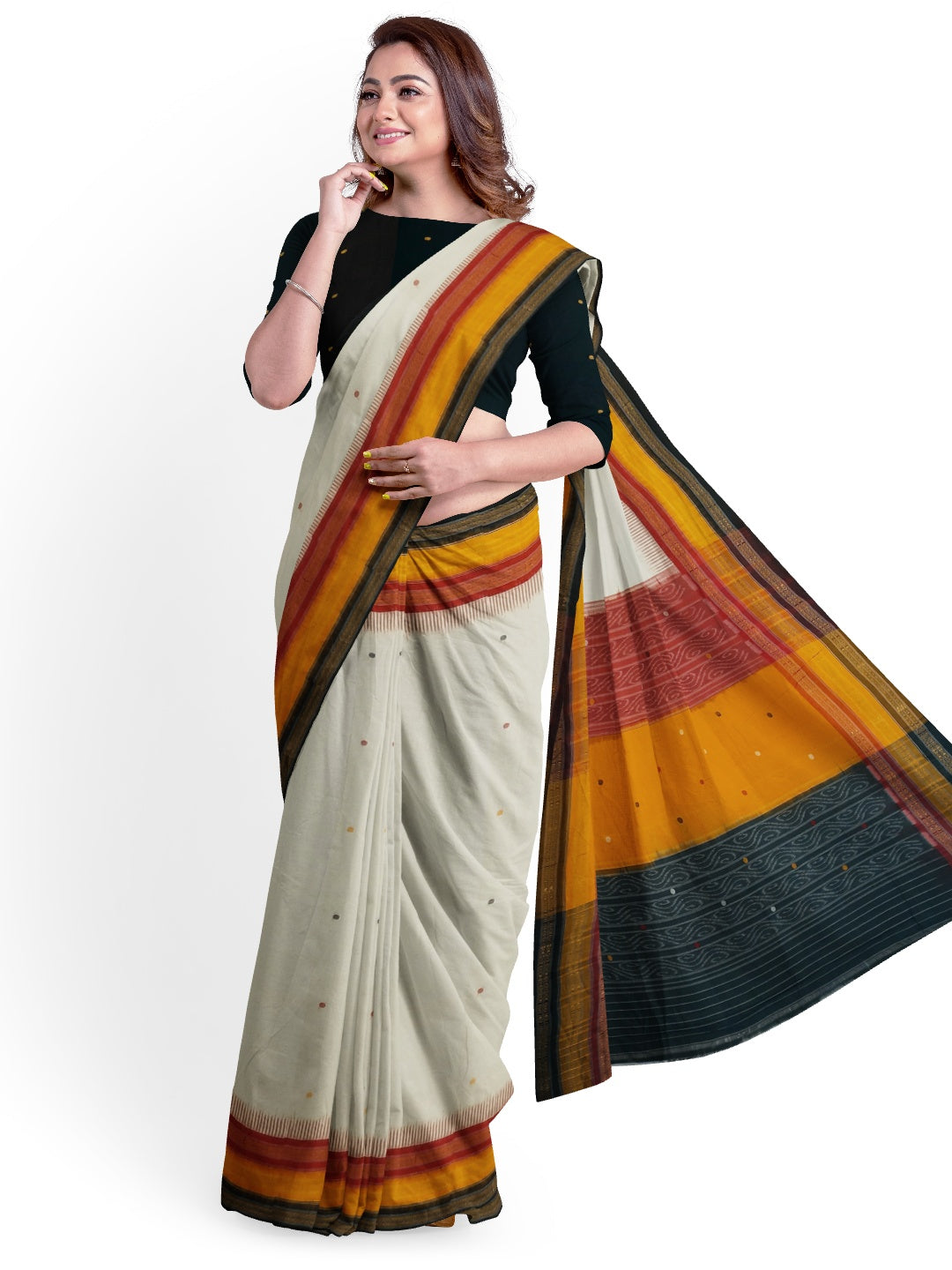 White Kathiphera Odisha Ikat saree with cotton ikat blouse piece