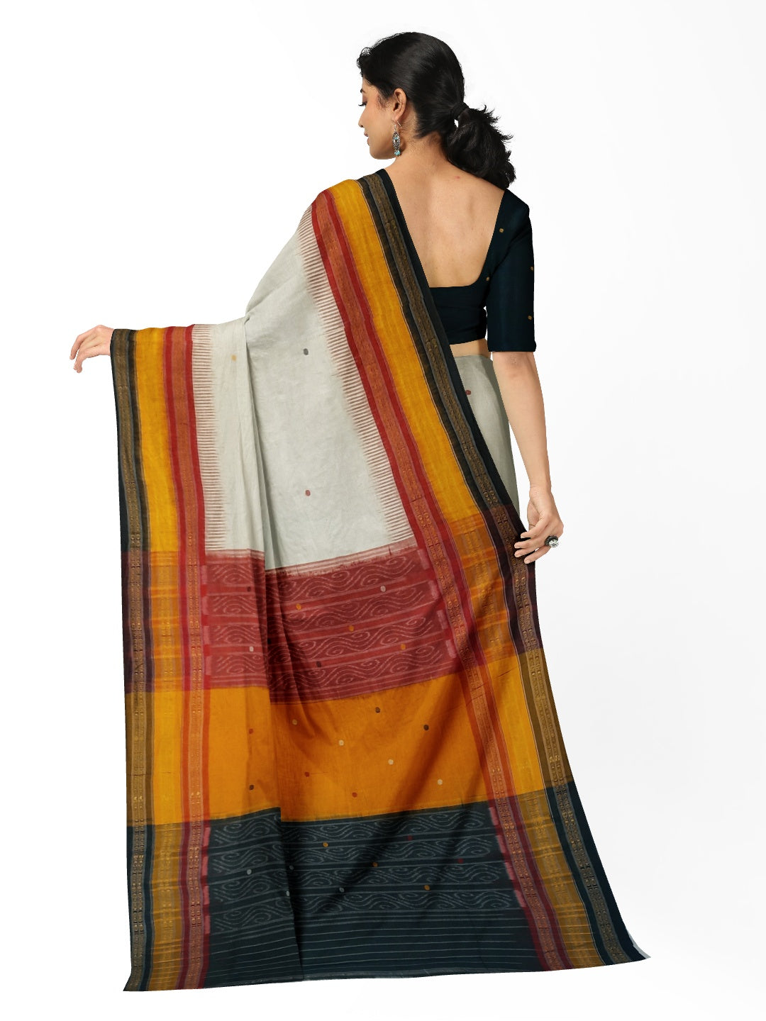 White Kathiphera Odisha Ikat saree with cotton ikat blouse piece