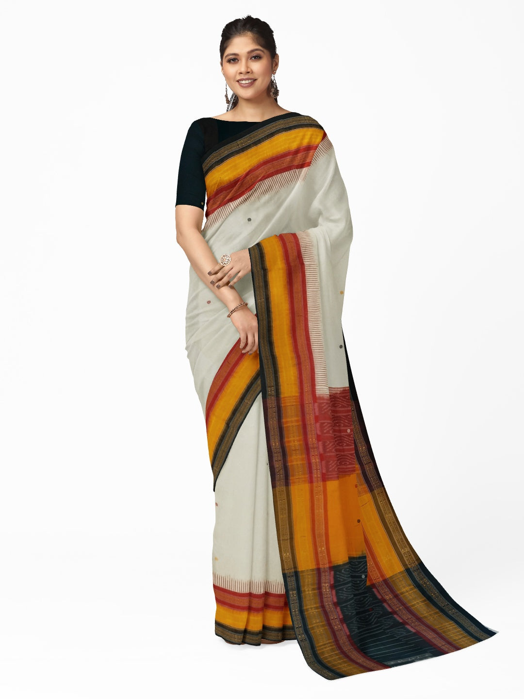 White Kathiphera Odisha Ikat saree with cotton ikat blouse piece