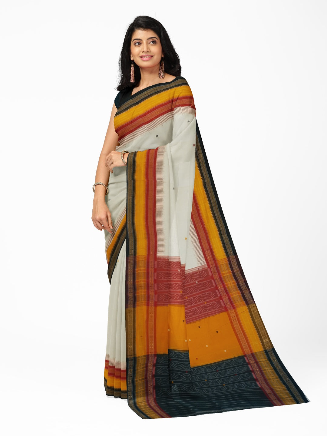 White Kathiphera Odisha Ikat saree with cotton ikat blouse piece